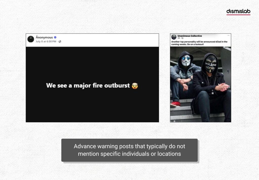 Advance warning posts that typically do not mention specific individuals or locations