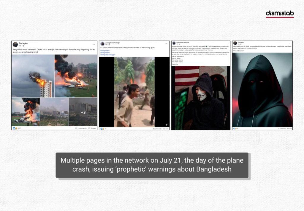 Multiple pages in the network on July 21, the day of the plane crash, issuing ‘prophetic’ warnings about Bangladesh