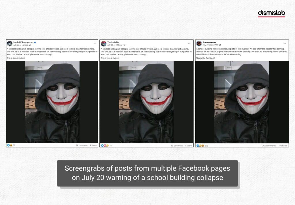 A Pseudonymous ‘Anonymous’ Spreading Conspiracies and False Information

On social media, the first post related to an unspecified school building collapse began circulating from Anonymous Main Page on July 21 after the crash. The post had been published a day earlier in multiple anonymous pages (1, 2, 3), on July 20, prior to the plane crash in Uttara. In these posts, an individual calling himself “The Architect” claimed: “A school building will collapse, where many children will lose their lives. We see a terrible disaster approaching.” However, the post made no mention of a plane crash, let alone the Milestone school or Bangladesh. Rather, it stated that the disaster would result from negligence in building maintenance and that efforts were being made to prevent it - Report by Dismislab