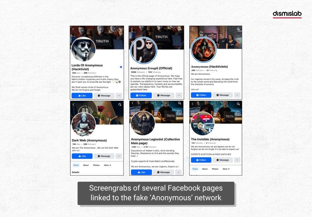 Screengrabs of several Facebook pages linked to the fake ‘Anonymous’ network