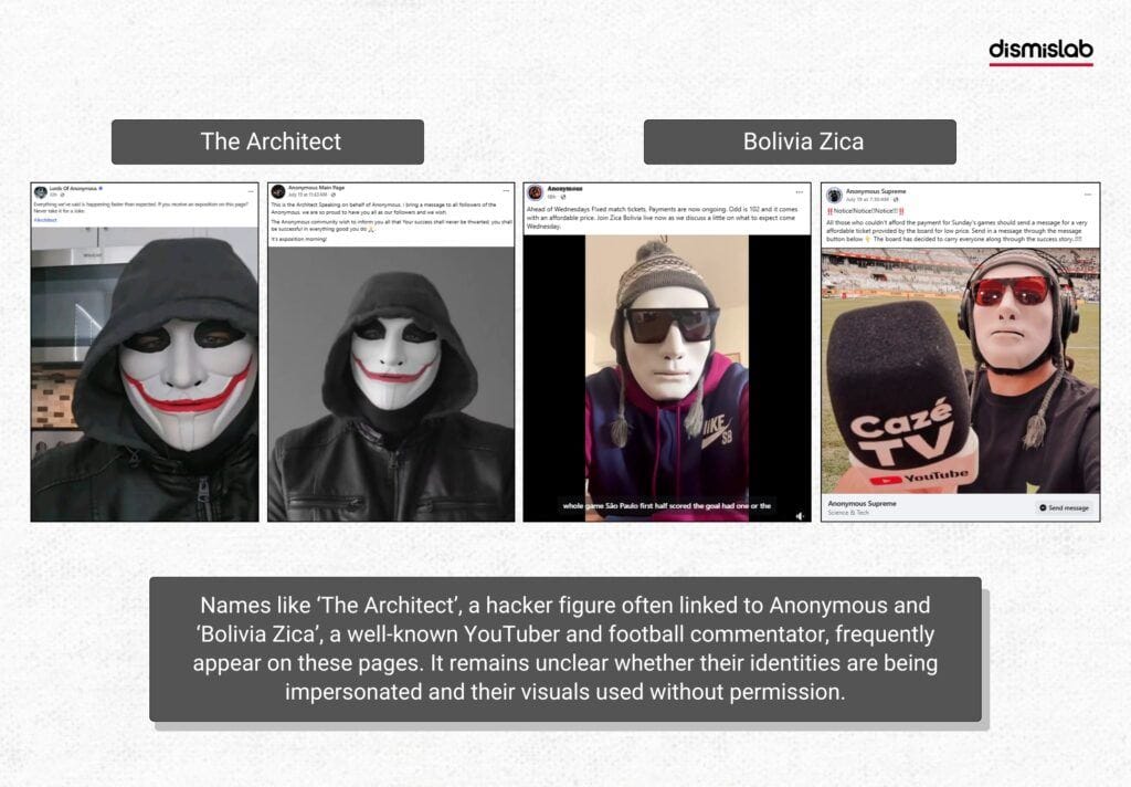 Names like ‘The Architect’, a hacker figure often linked to Anonymous and ‘Bolivia Zica’, a well-known YouTuber and football commentator, frequently appear on these pages. It remains unclear whether their identities are being impersonated and their visuals used without permission.