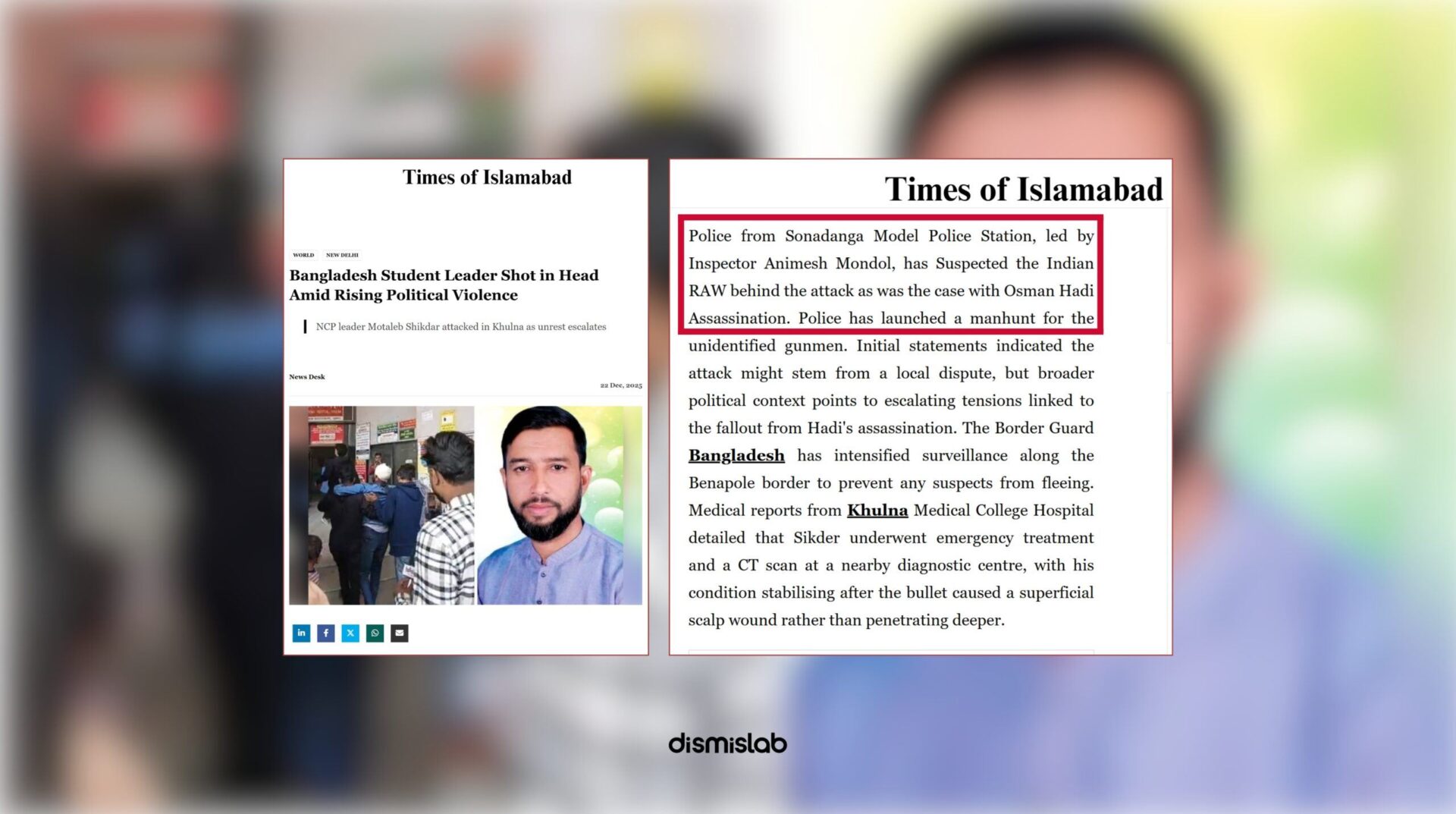 Fact-check debunks false claim that Indian RAW was involved in the shooting of NCP leader Md. Motaleb Shikdar in Khulna, Bangladesh.