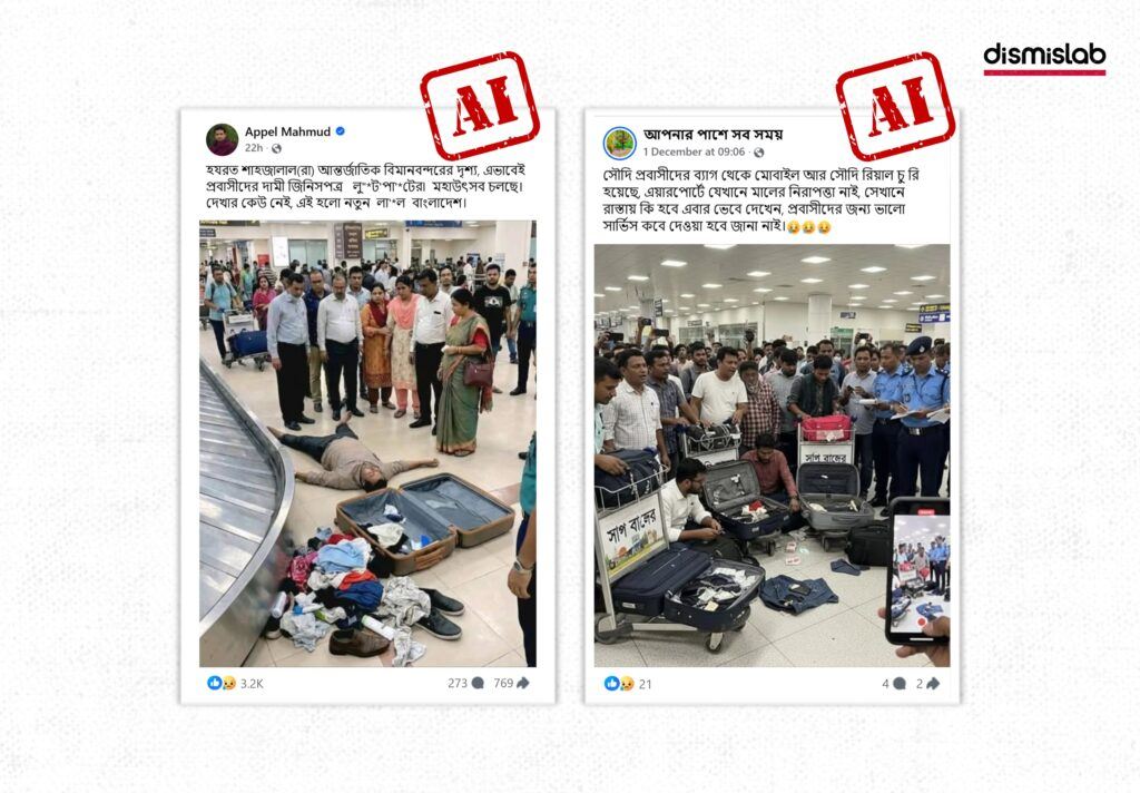 Fact-check of AI-generated photos falsely claiming migrants’ belongings were looted at Dhaka’s Hazrat Shahjalal International Airport.