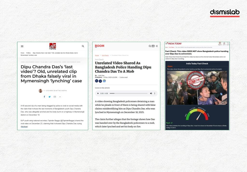 Fact-check report showing Indian media outlets falsely using an unrelated video to claim Bangladeshi police handed Dipu Chandra Das to a mob before his killing in Mymensingh.