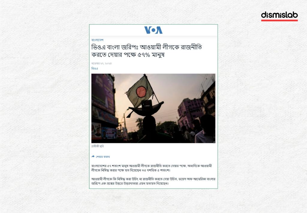 Fact-check of an AI-generated video falsely claiming 75% of people in Bangladesh want the Awami League to return to power based on a Voice of America survey