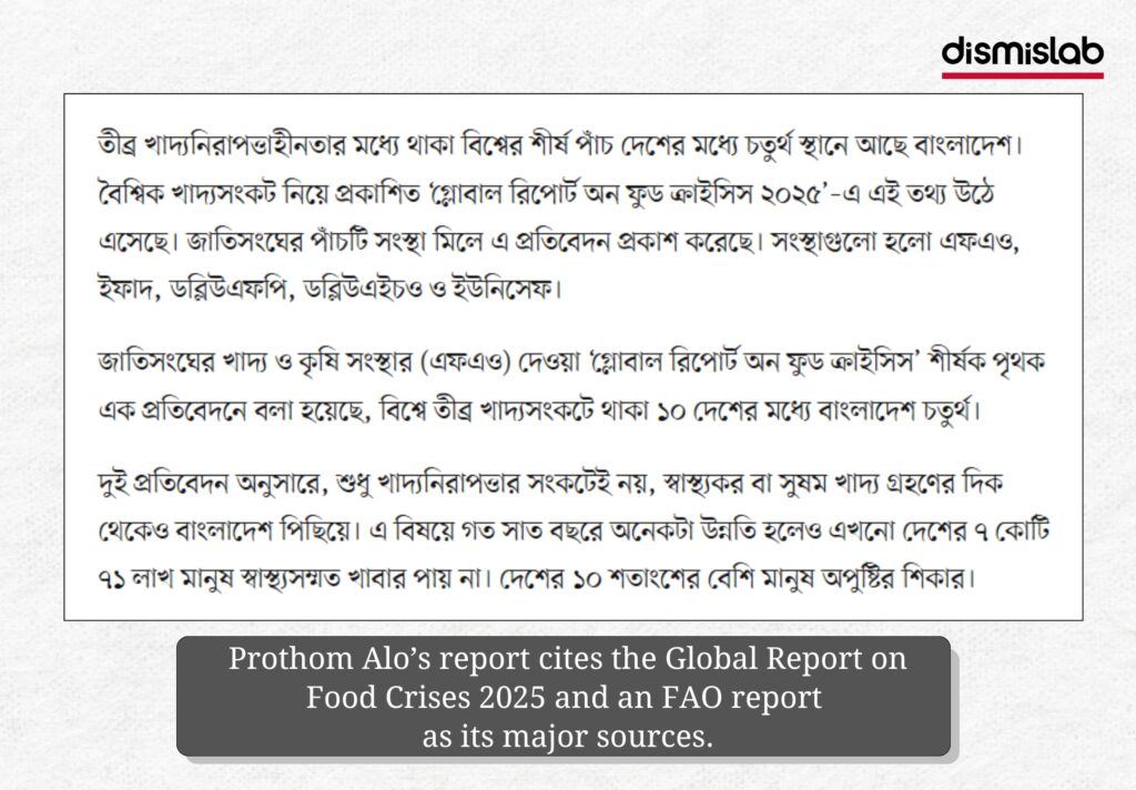Fact-check image examining mainstream media claims that Bangladesh ranks fourth globally in food insecurity, based on Prothom Alo reporting and UN food crisis data.