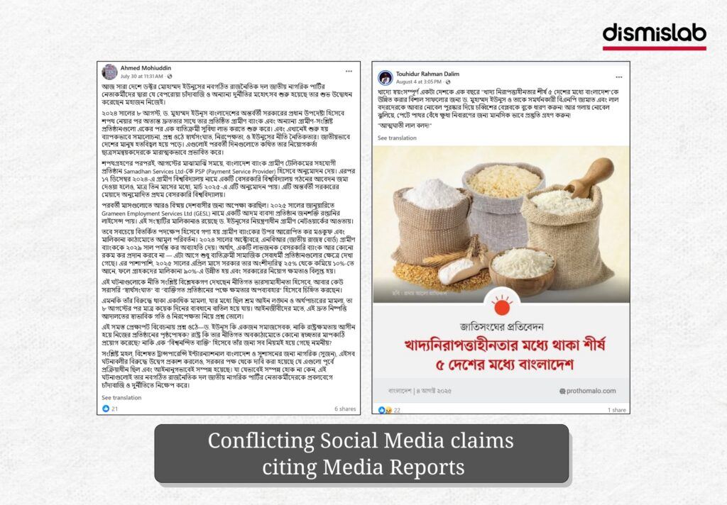 Fact-check image examining mainstream media claims that Bangladesh ranks fourth globally in food insecurity, based on Prothom Alo reporting and UN food crisis data.