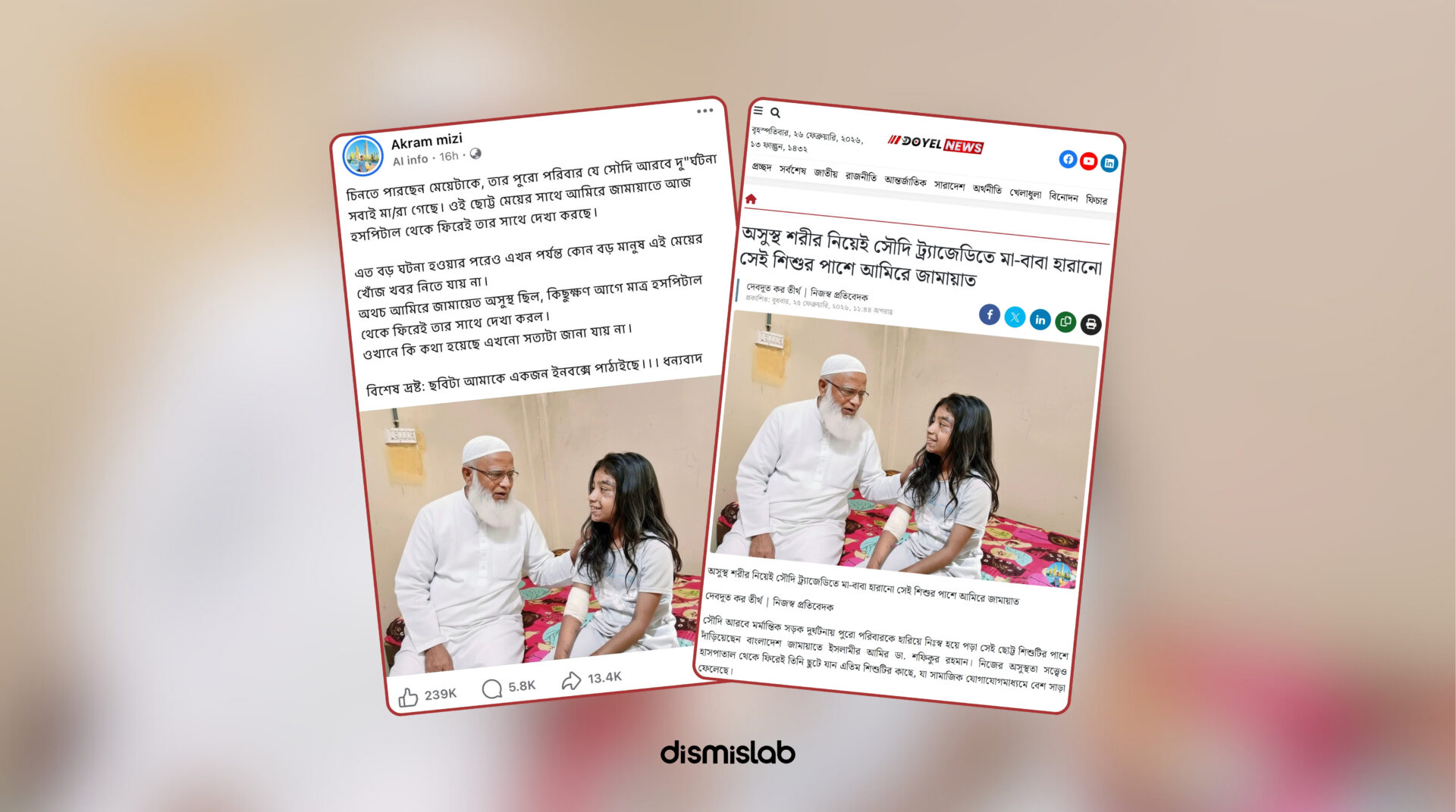AI-generated image circulated with a false claim (left) and the original image used in a news report (right).