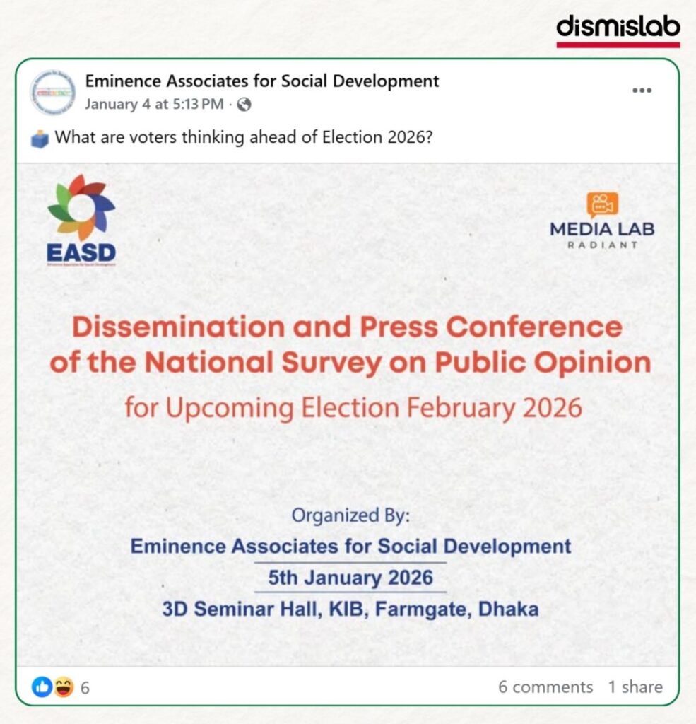 Fact-check of viral photocard falsely claiming 60 percent of voters in Bangladesh prefer Awami League, misusing EASD survey data showing majority support for BNP