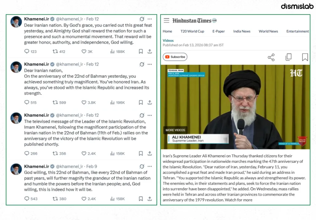 Fact-check of a viral video falsely claiming Iran’s Supreme Leader Ayatollah Ali Khamenei confirmed he is alive, showing the footage is an old speech from February shared out of context on Facebook.